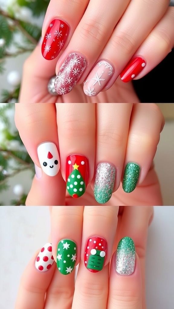 Short Christmas nails with festive designs in red and green, featuring snowflakes and glitter.
